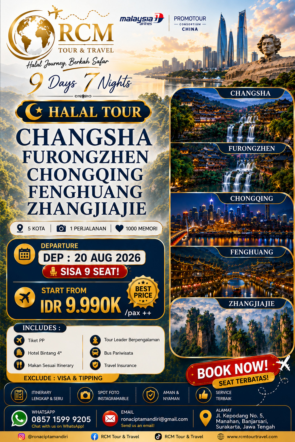 9 Days 7 Nights Halal Tour Changsha Furongzhen Chongqing Fenghuang Zhangjiajie promo